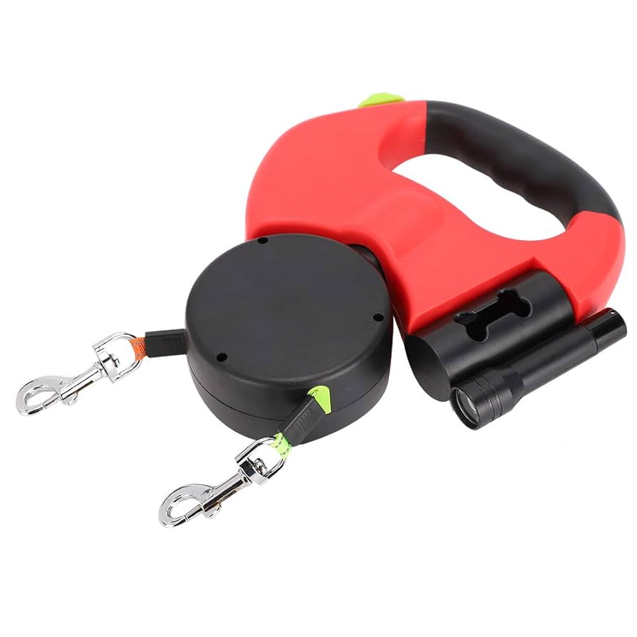 Laisse Double Rétractable 3m avec Lampe LED & Boîte à Sacs — Traction 360° pour Deux Chiens