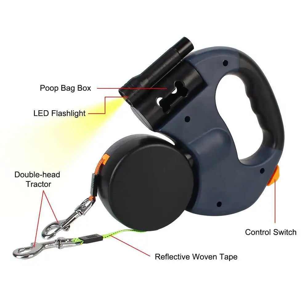 Laisse Double Rétractable 3m avec Lampe LED & Boîte à Sacs — Traction 360° pour Deux Chiens