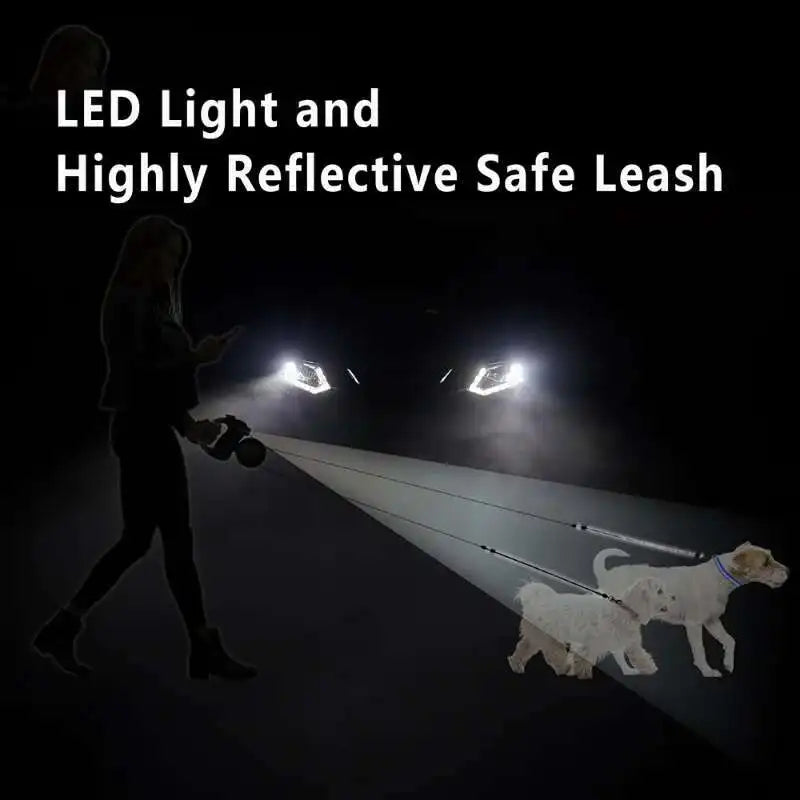 Laisse Double Rétractable 3m avec Lampe LED & Boîte à Sacs — Traction 360° pour Deux Chiens