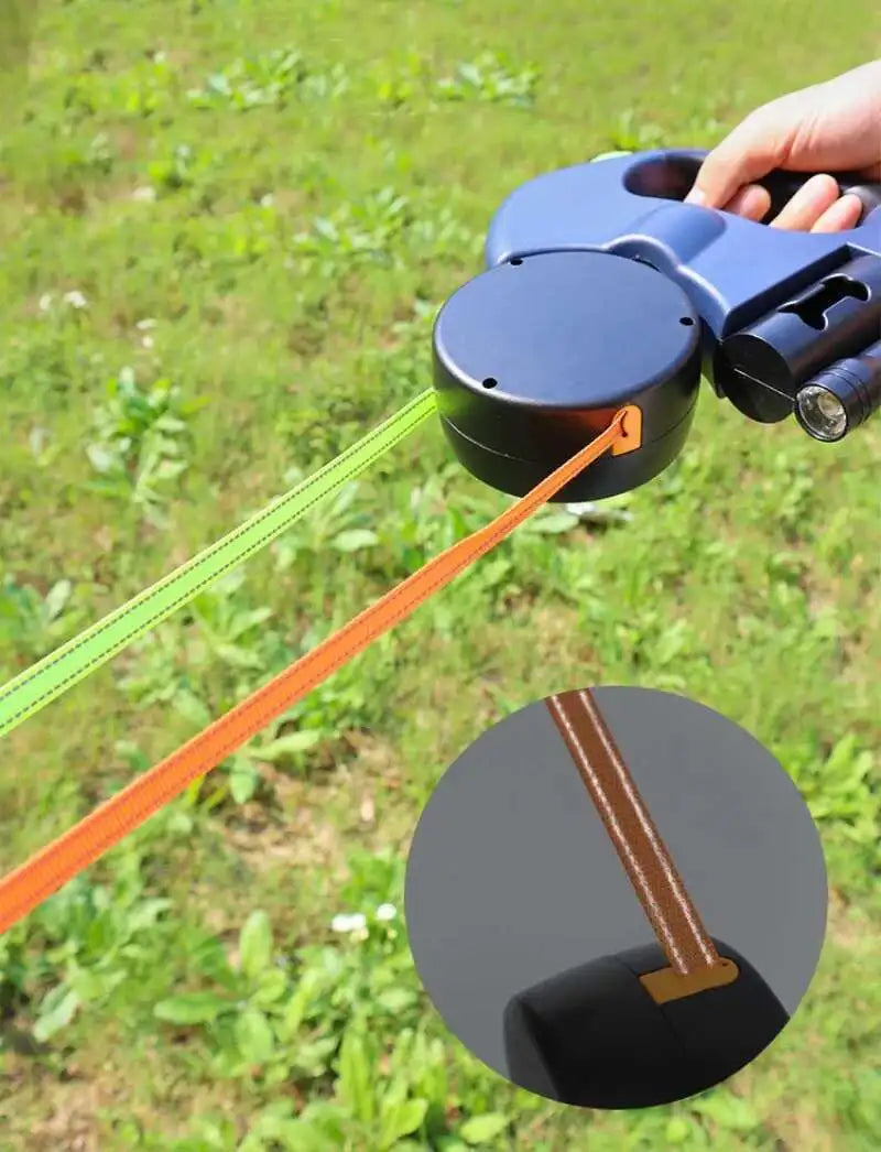 Laisse Double Rétractable 3m avec Lampe LED & Boîte à Sacs — Traction 360° pour Deux Chiens