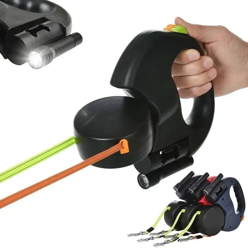 Laisse Double Rétractable 3m avec Lampe LED & Boîte à Sacs — Traction 360° pour Deux Chiens