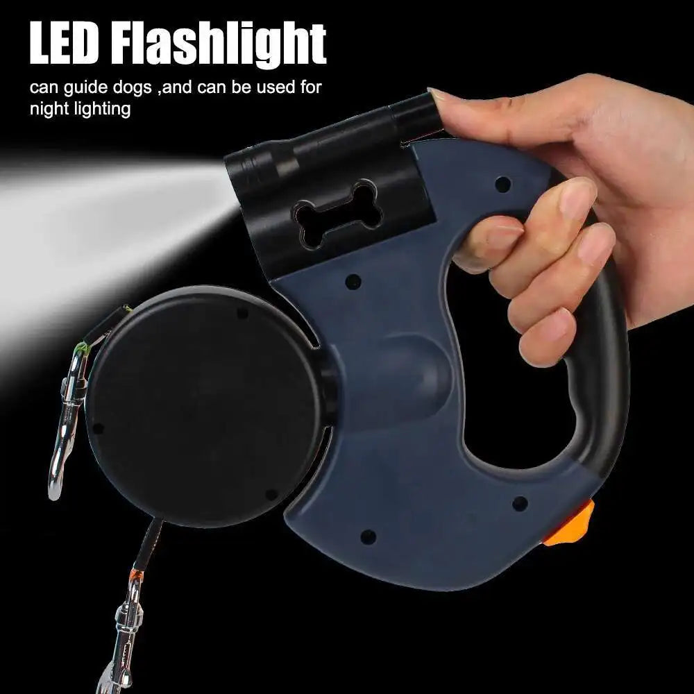 Laisse Double Rétractable 3m avec Lampe LED & Boîte à Sacs — Traction 360° pour Deux Chiens