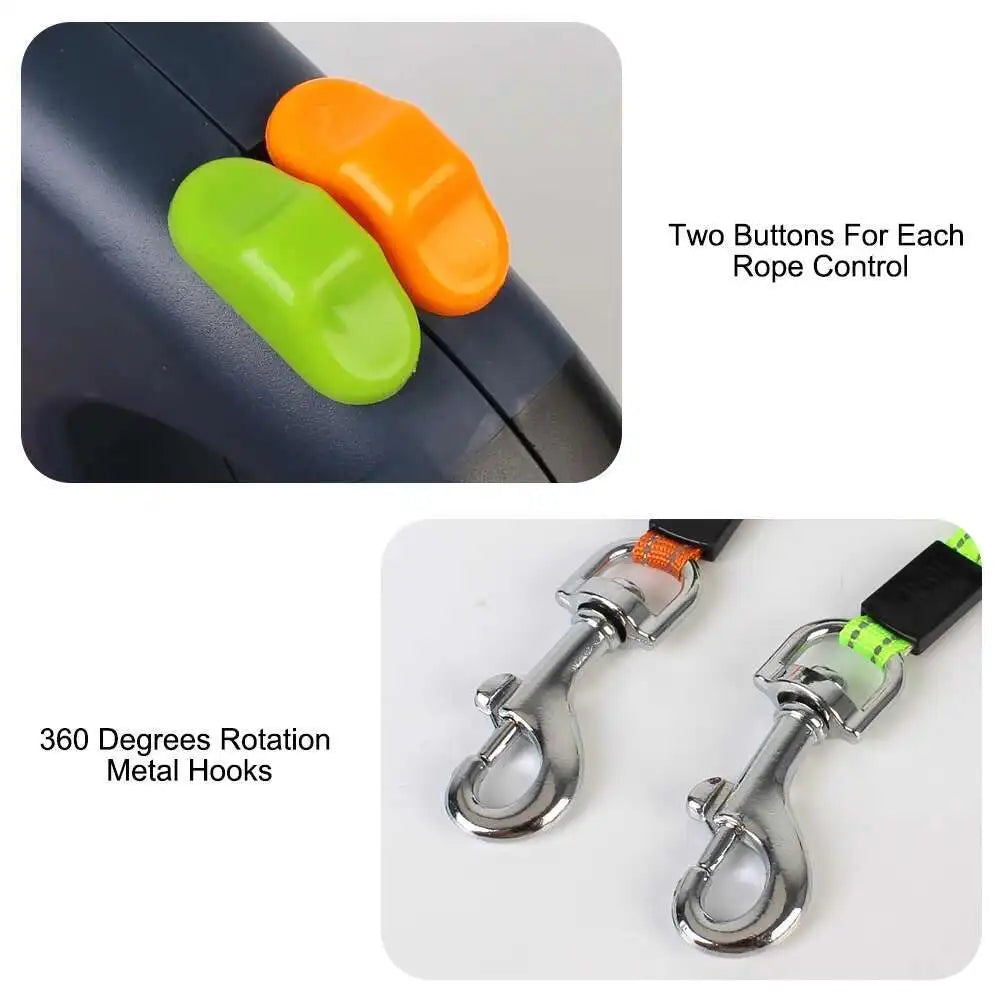 Laisse Double Rétractable 3m avec Lampe LED & Boîte à Sacs — Traction 360° pour Deux Chiens