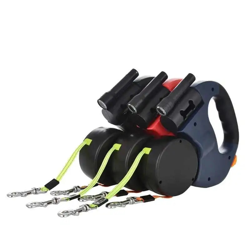 Laisse Double Rétractable 3m avec Lampe LED & Boîte à Sacs — Traction 360° pour Deux Chiens