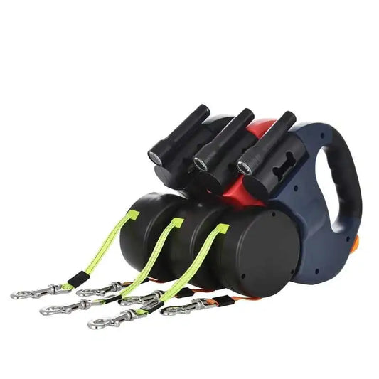 Laisse Double Rétractable 3m avec Lampe LED & Boîte à Sacs — Traction 360° pour Deux Chiens