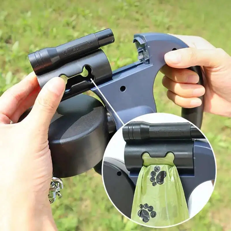 Laisse Double Rétractable 3m avec Lampe LED & Boîte à Sacs — Traction 360° pour Deux Chiens