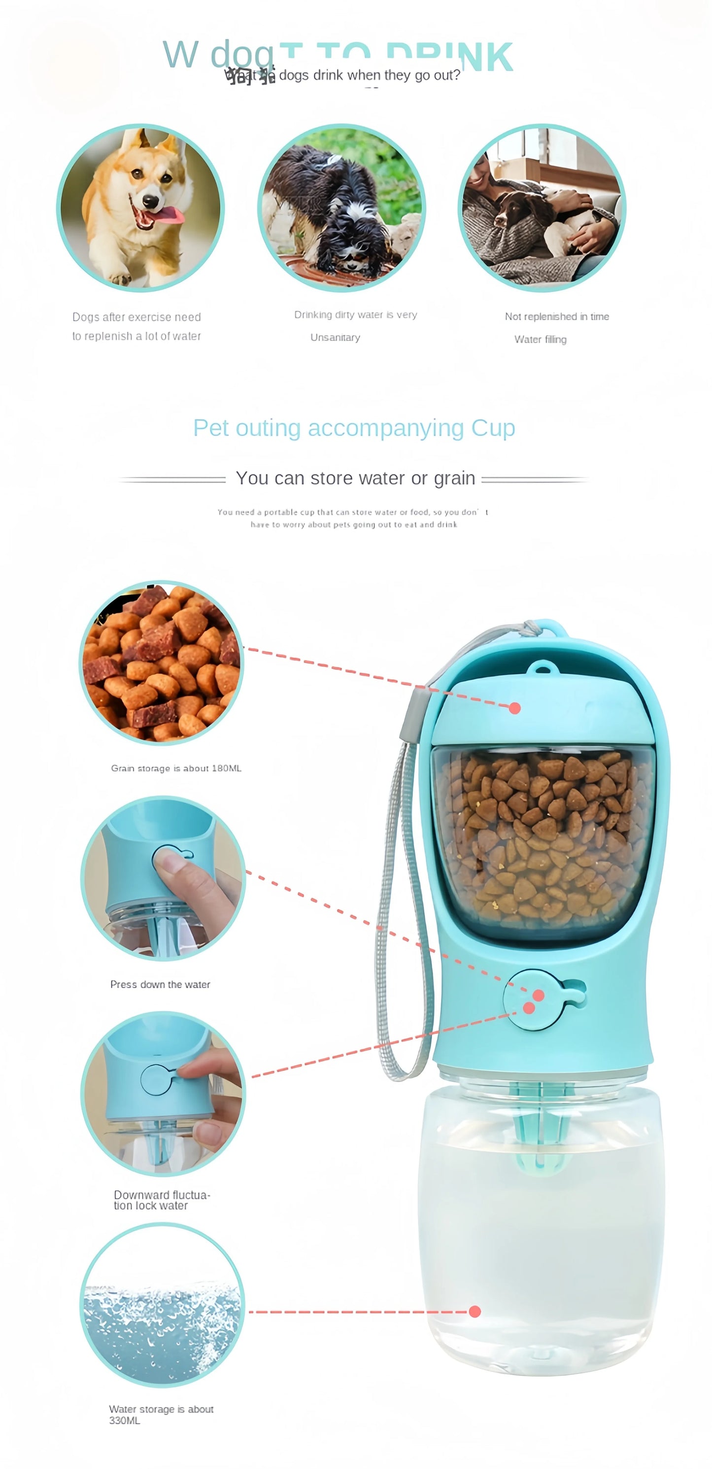 Gourde portable 2 en 1 pour chien et chat – eau & croquettes